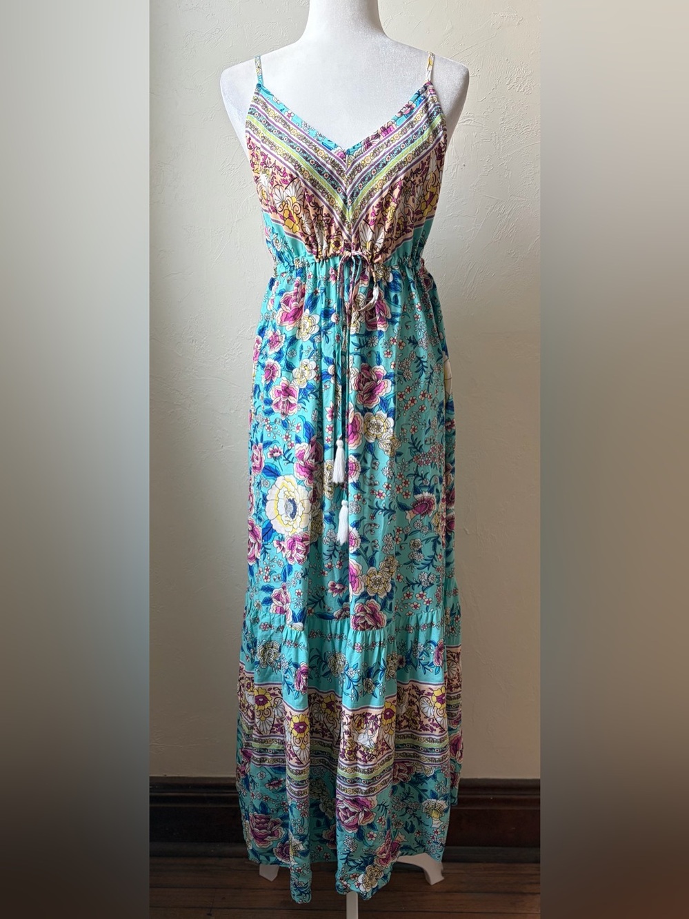 RusttyDustty Boho Turquoise Floral Border Print Tassel Maxi Dress XL